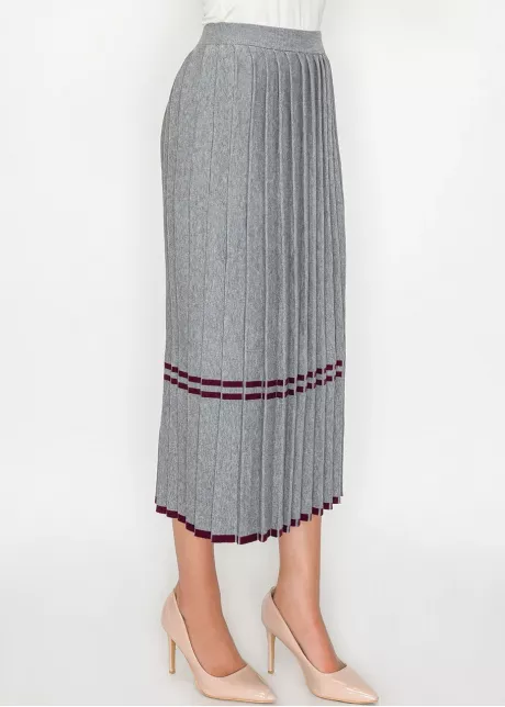 Grey Knit Pleated Skirt with Burgundy Stripes
