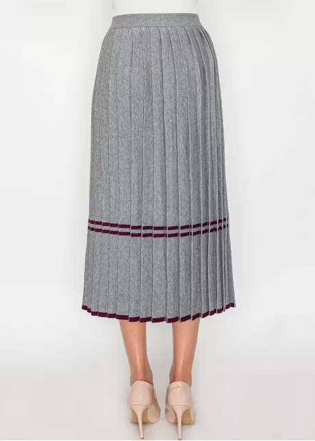 Grey Knit Pleated Skirt with Burgundy Stripes