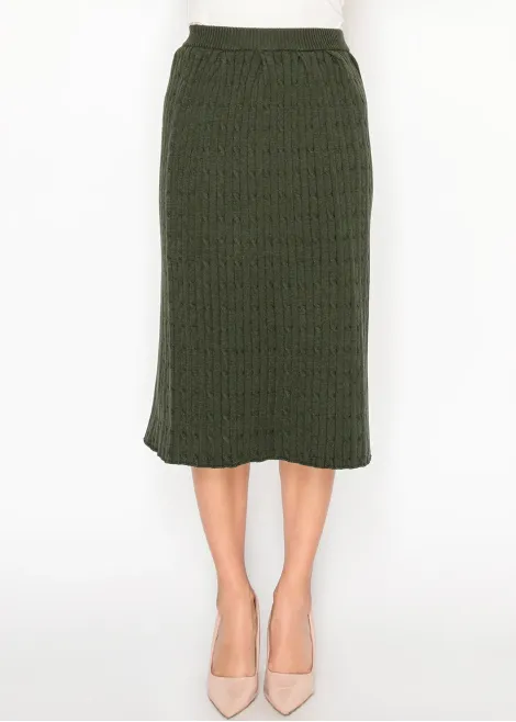 Ribbed Cable Knit Skirt in Olive Green