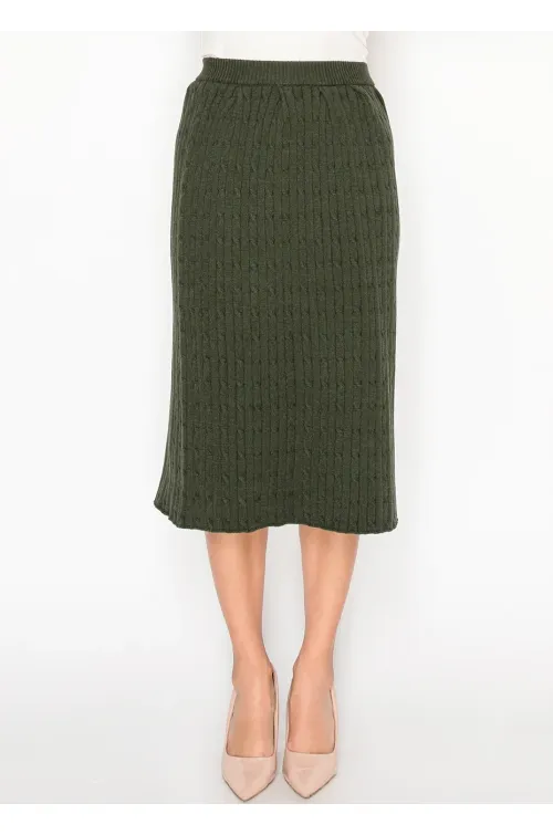 Ribbed Cable Knit Skirt in Olive Green