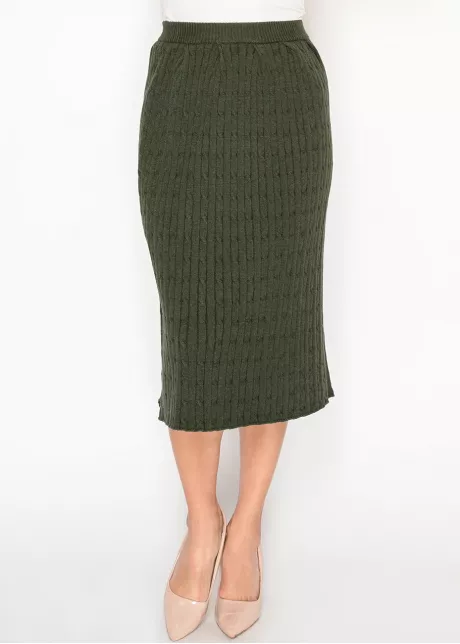 Ribbed Cable Knit Skirt in Olive Green