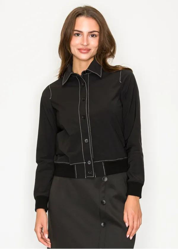 Black long-sleeve shirt jacket with cuffed hem