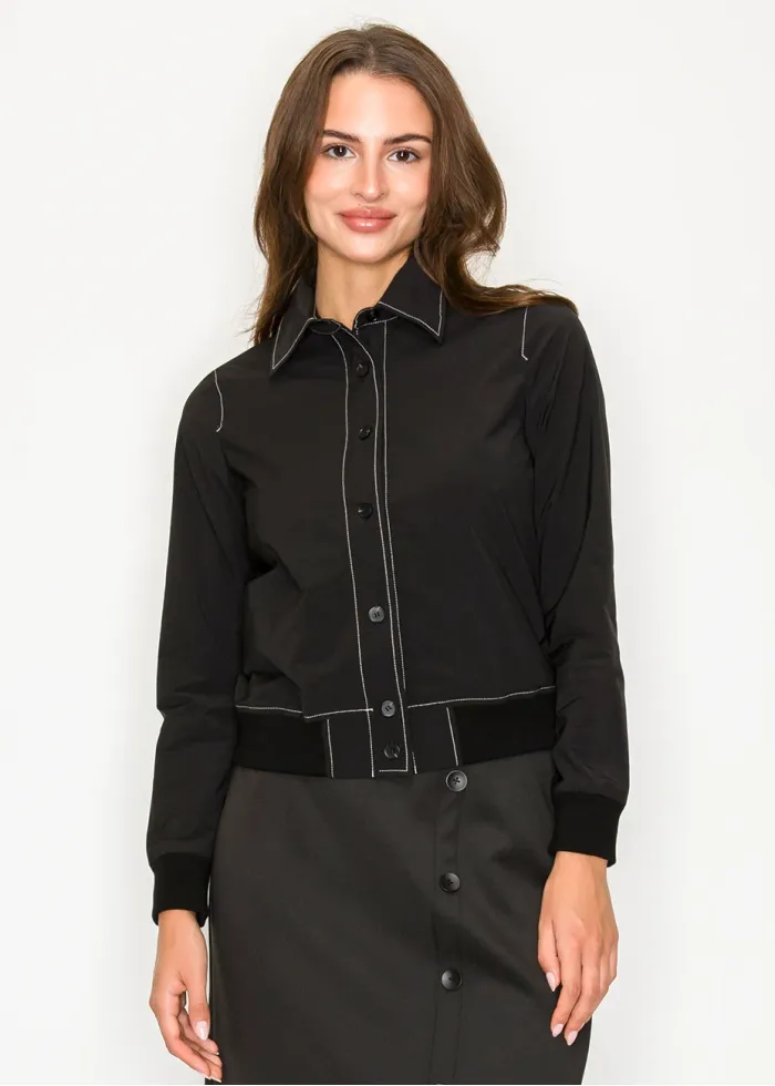 Black long-sleeve shirt jacket with cuffed hem