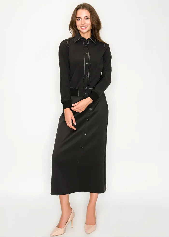 Black long-sleeve shirt jacket with cuffed hem