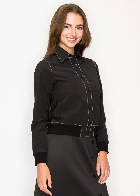 Black long-sleeve shirt jacket with cuffed hem