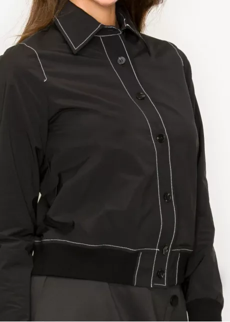 Black long-sleeve shirt jacket with cuffed hem