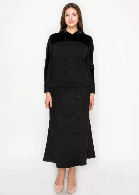 Black velour panel hoodie top with drawstring