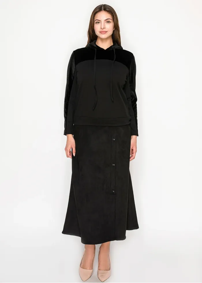 Black velour panel hoodie top with drawstring