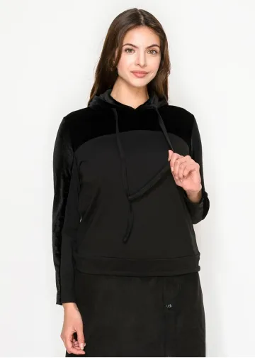 Black velour panel hoodie top with drawstring