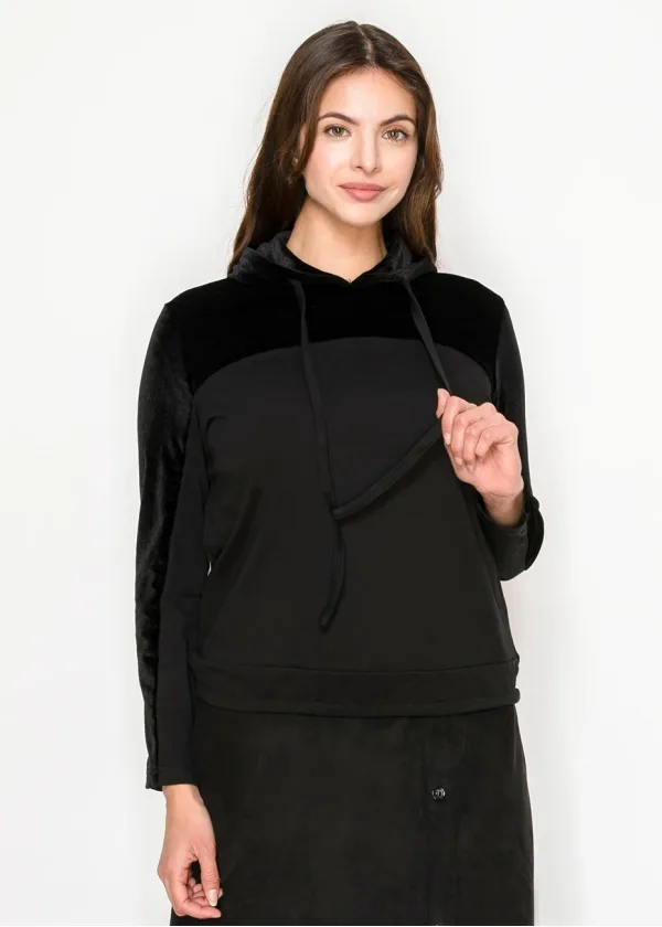 Black velour panel hoodie top with drawstring