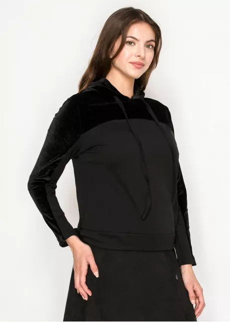 Black velour panel hoodie top with drawstring
