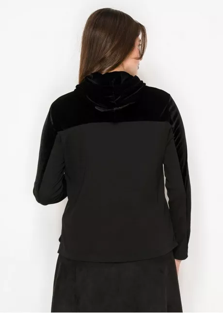 Black velour panel hoodie top with drawstring