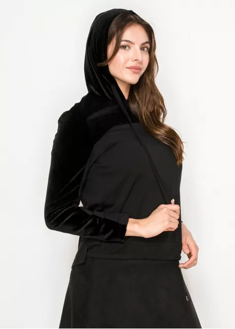 Black velour panel hoodie top with drawstring