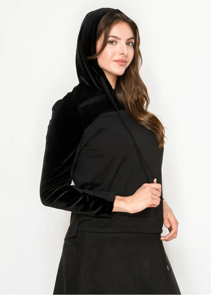 Black velour panel hoodie top with drawstring
