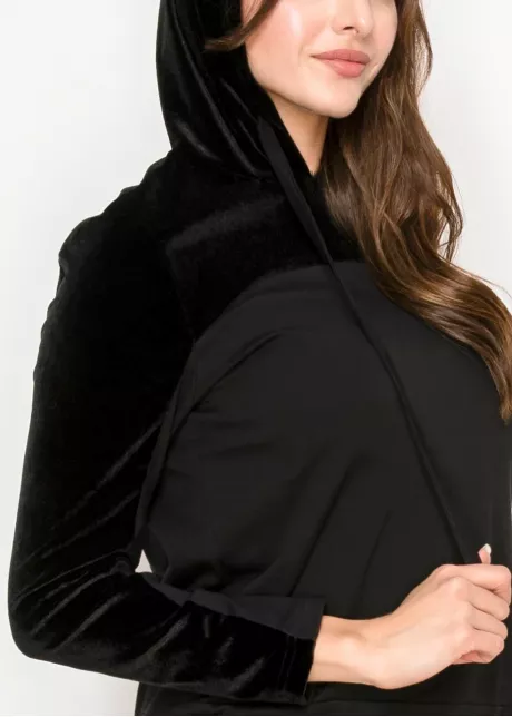 Black velour panel hoodie top with drawstring