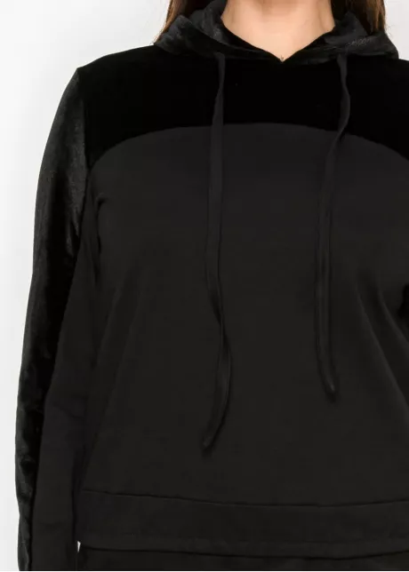 Black velour panel hoodie top with drawstring