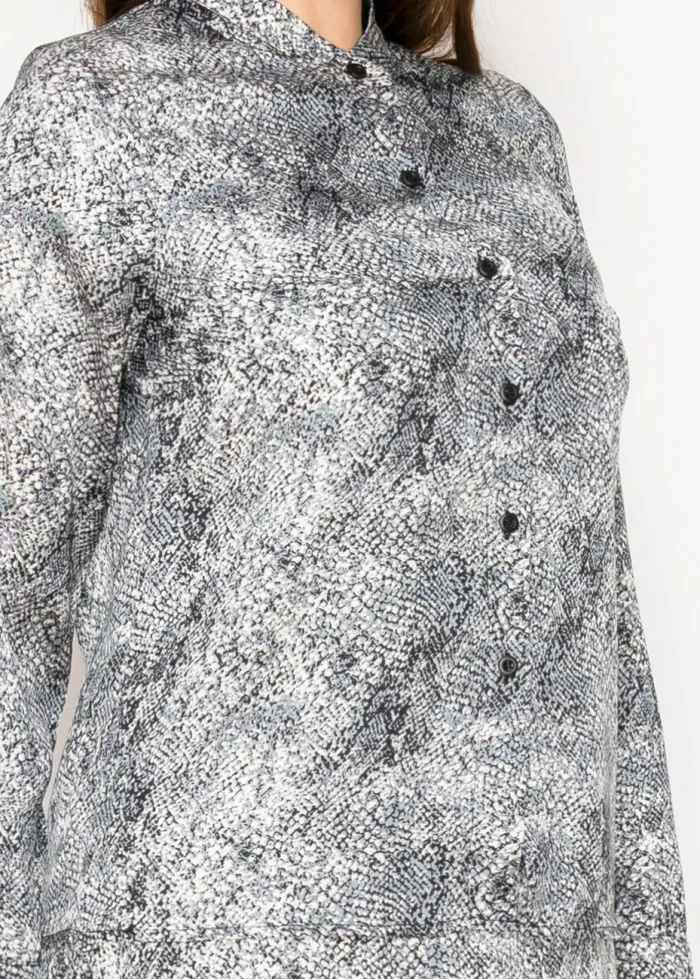 Grey Snakeskin Print Button-Front Blouse