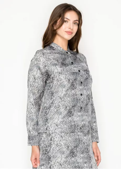 Grey Snakeskin Print Button-Front Blouse