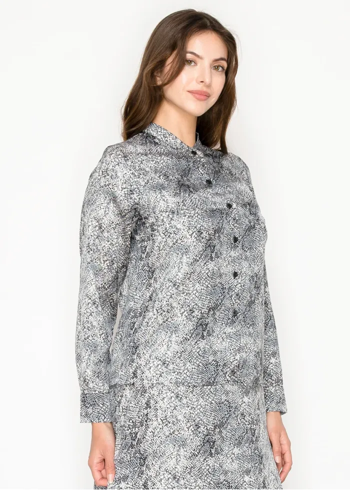 Grey Snakeskin Print Button-Front Blouse