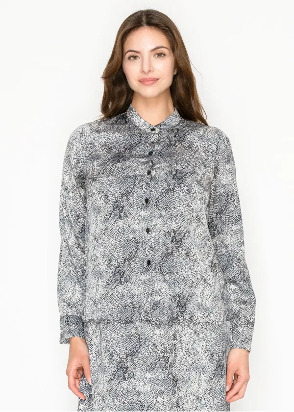 Grey Snakeskin Print Button-Front Blouse