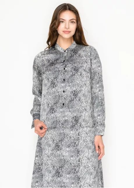 Grey Snakeskin Print Button-Front Blouse