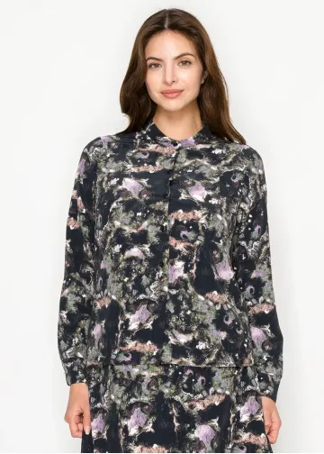 Abstract Print Long Sleeve Button-Front Blouse