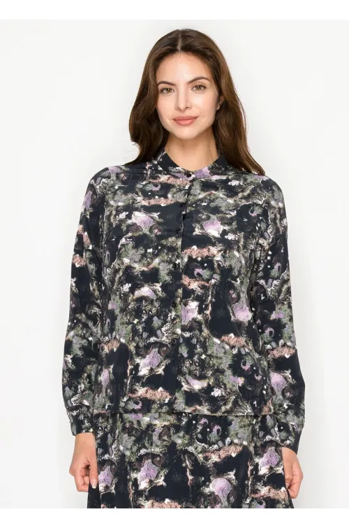 Abstract Print Long Sleeve Button-Front Blouse