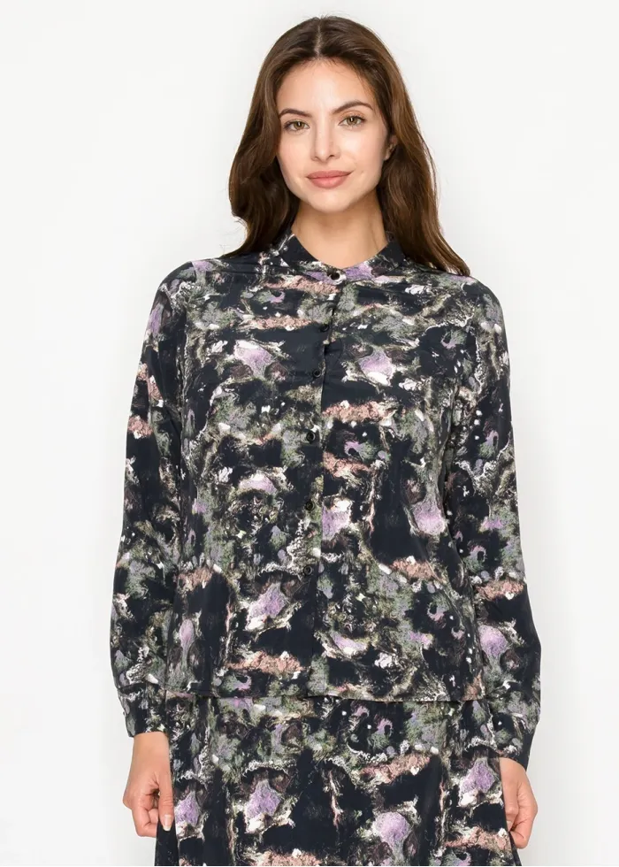 Abstract Print Long Sleeve Button-Front Blouse