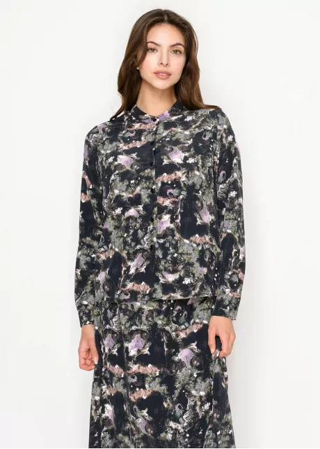 Abstract Print Long Sleeve Button-Front Blouse