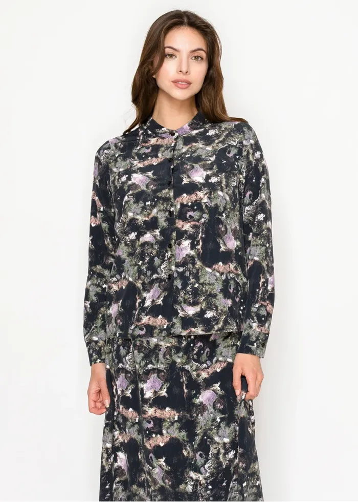 Abstract Print Long Sleeve Button-Front Blouse