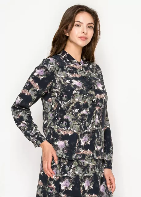 Abstract Print Long Sleeve Button-Front Blouse