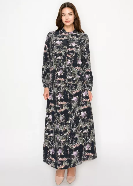 Abstract Print Long Sleeve Button-Front Blouse