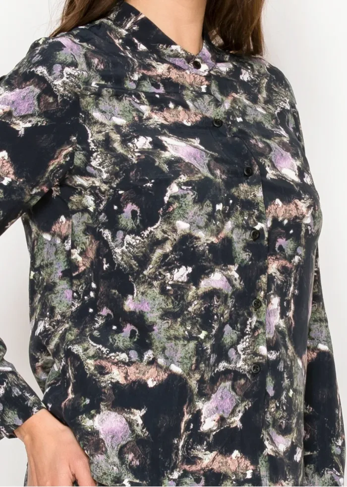 Abstract Print Long Sleeve Button-Front Blouse