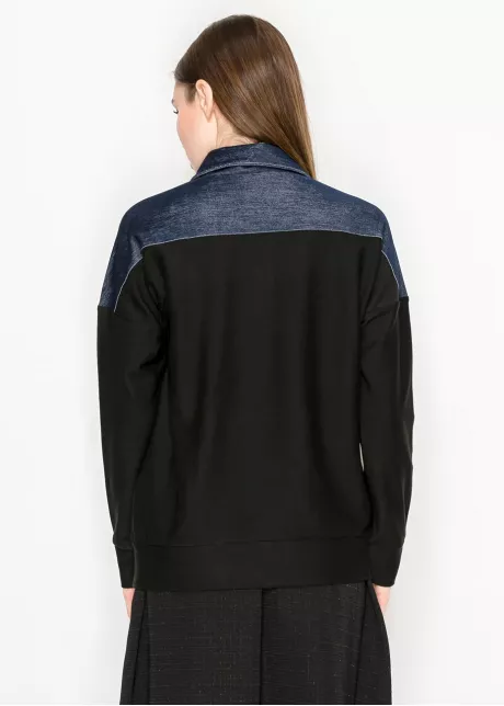Long Sleeve Black Pullover with Denim Trim