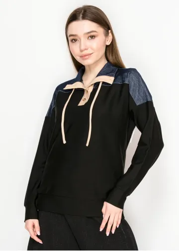 Long Sleeve Black Pullover with Denim Trim