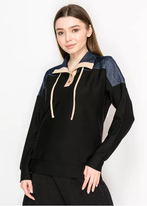 Long Sleeve Black Pullover with Denim Trim Long Sleeve Black Pullover with Denim Trim