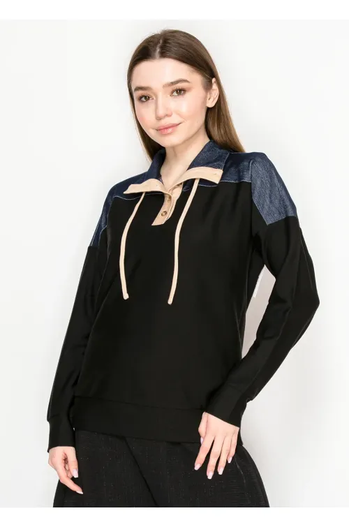 Long Sleeve Black Pullover with Denim Trim