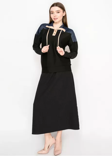 Long Sleeve Black Pullover with Denim Trim