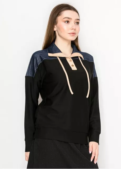 Long Sleeve Black Pullover with Denim Trim