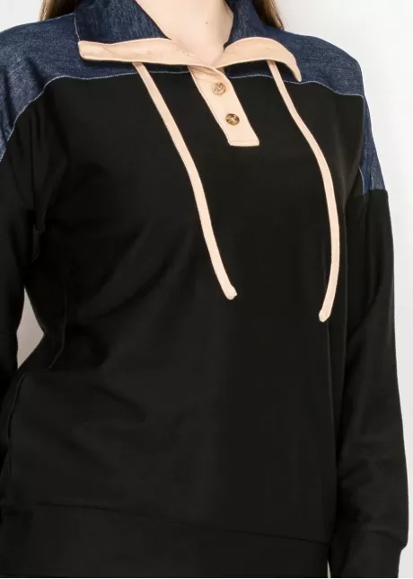 Long Sleeve Black Pullover with Denim Trim