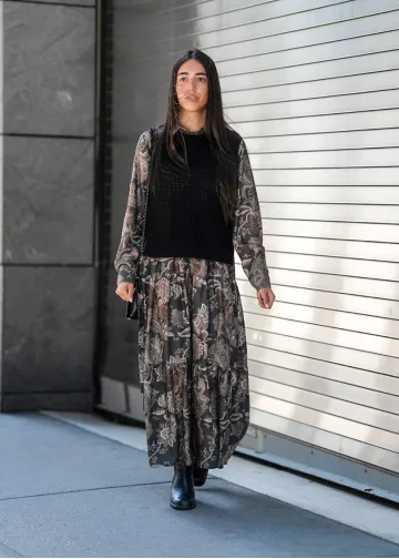 Olive Floral Dress Layered Knit Outfit