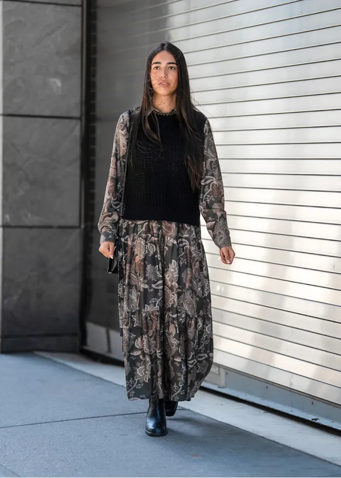 Olive Floral Dress Layered Knit Outfit