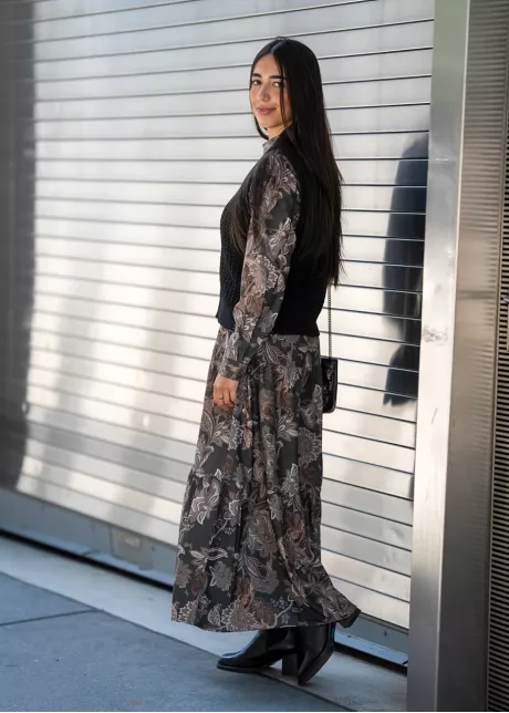 Olive Floral Dress Layered Knit Outfit