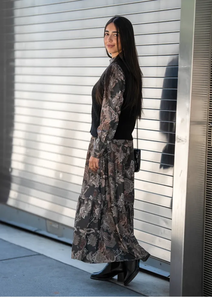 Olive Floral Dress Layered Knit Outfit