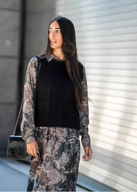 Olive Floral Dress Layered Knit Outfit
