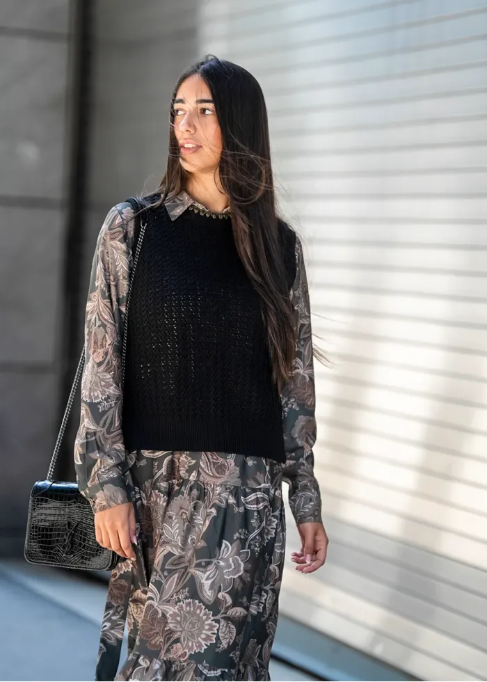 Olive Floral Dress Layered Knit Outfit