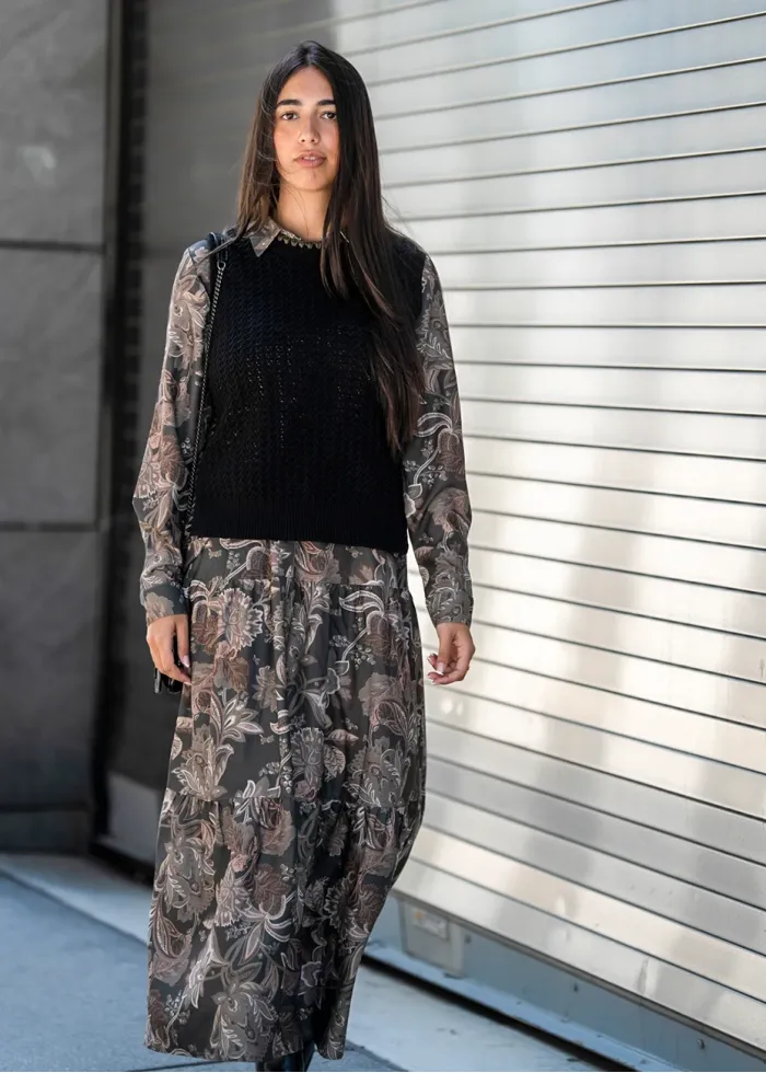 Olive Floral Dress Layered Knit Outfit