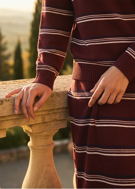 Burgundy Stripe Knit Polo and Skirt Set