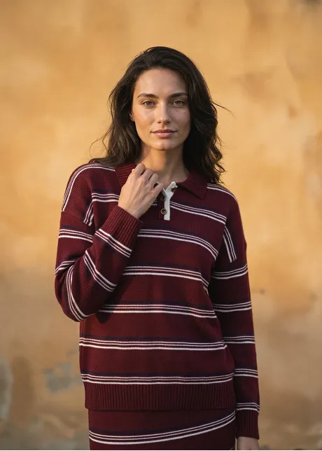 Burgundy Stripe Knit Polo and Skirt Set