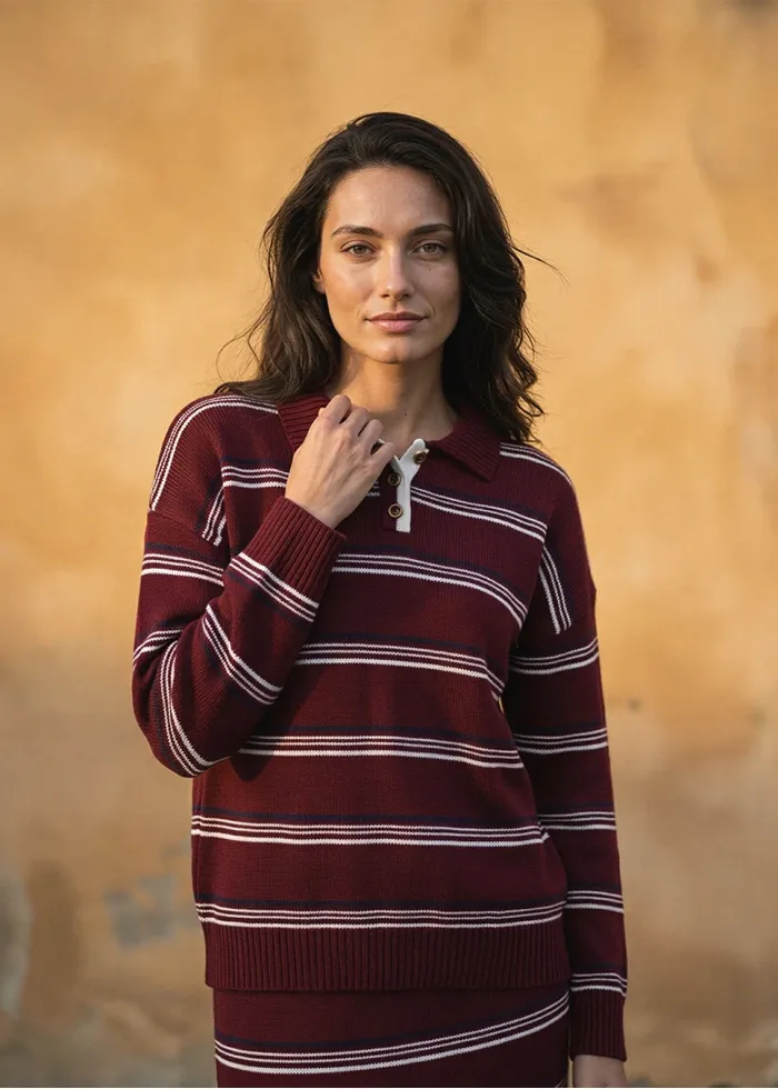 Burgundy Stripe Knit Polo and Skirt Set
